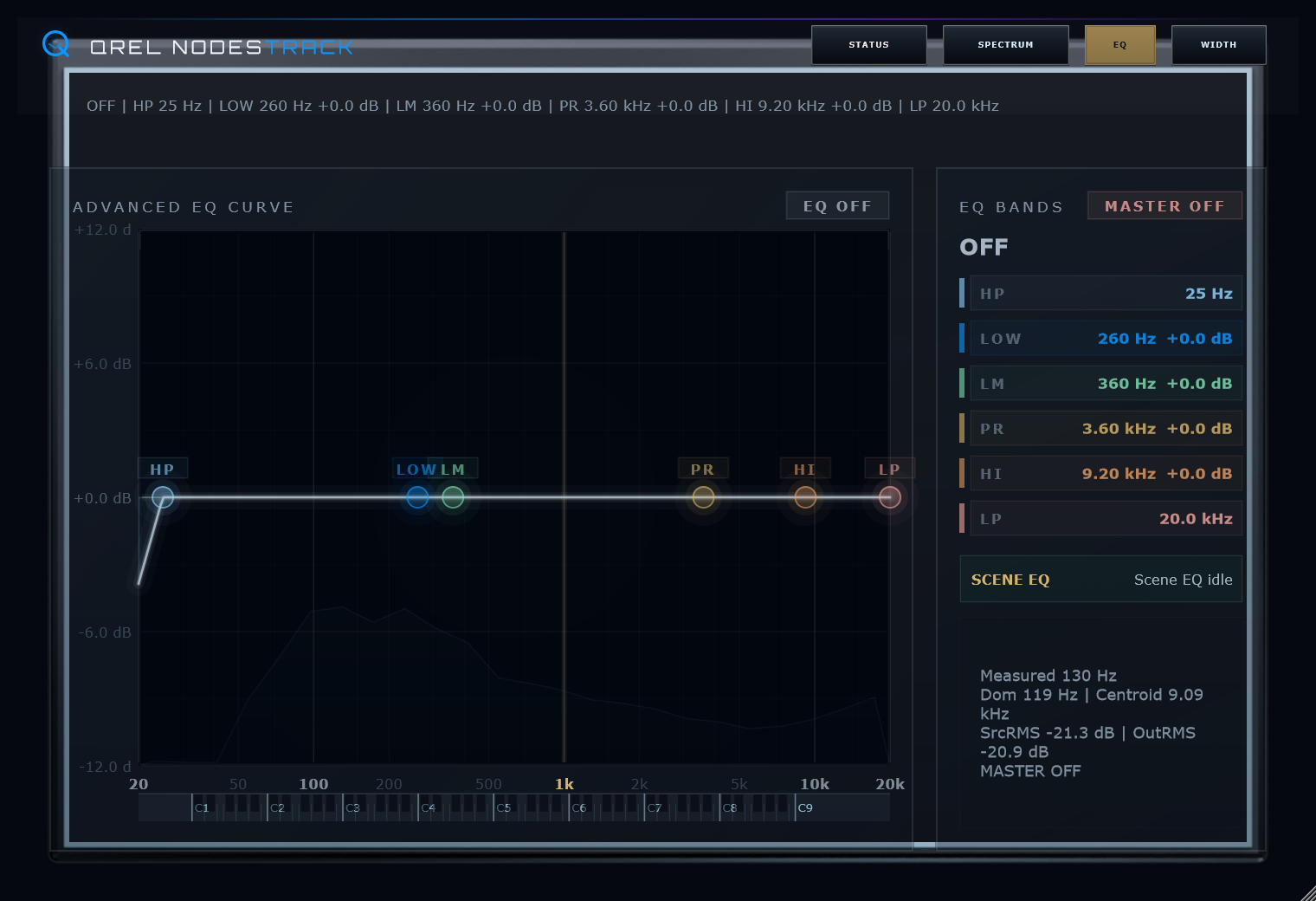 QREL Nodes Track plugin, EQ view: corrective EQ curve over the measured spectrum with labelled bands.