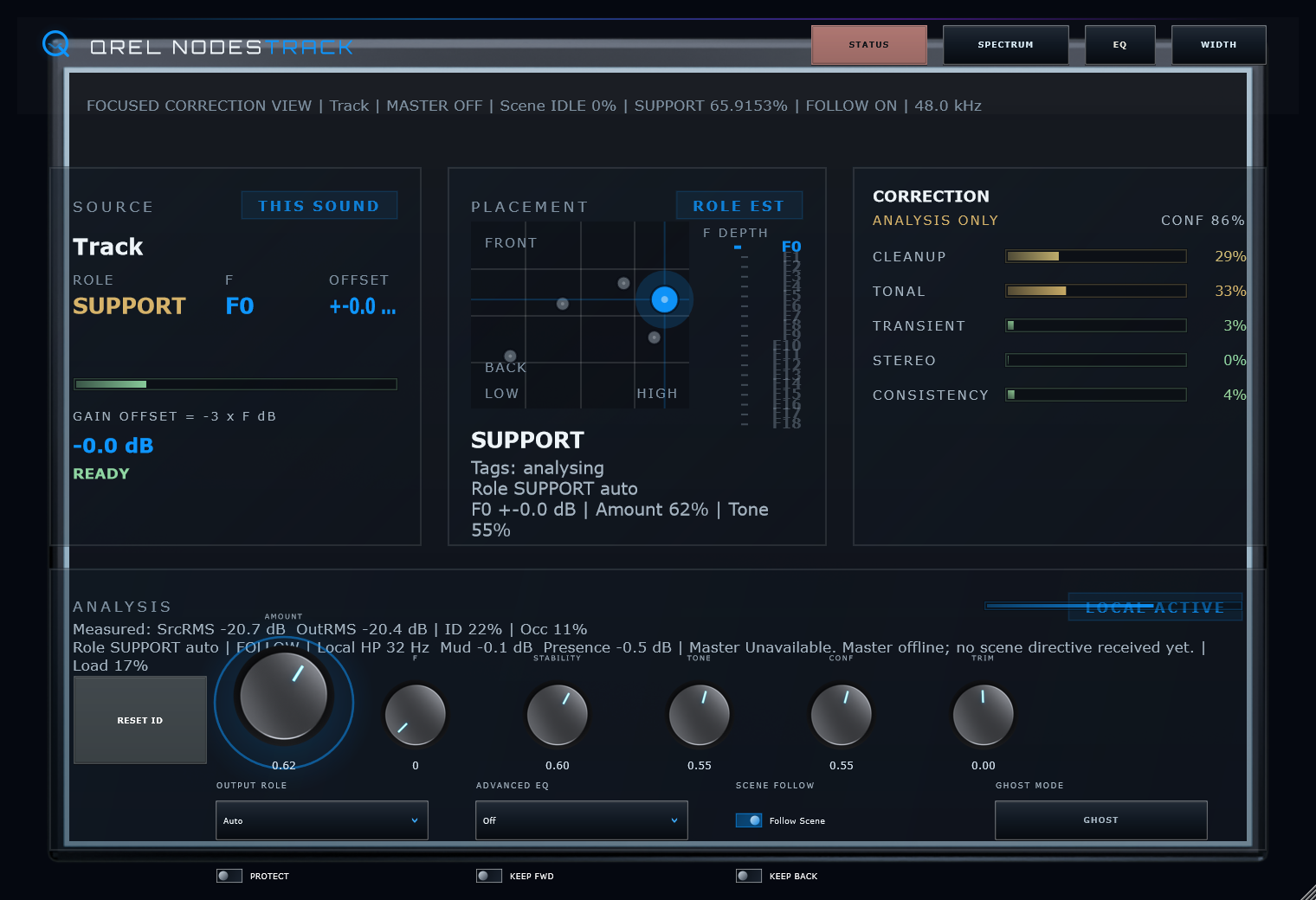 QREL Nodes Track plugin, Status view: source analysis, placement, correction readout and the Amount macro control.