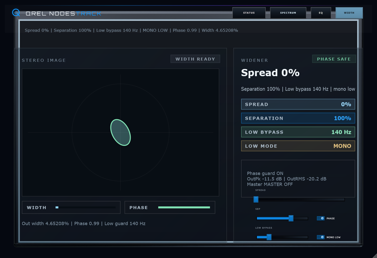QREL Nodes Track plugin, Width view: stereo goniometer and phase-safe widener controls.